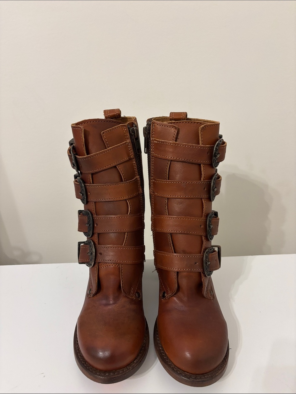 Freebird Belladonna Brown Leather Buckle Mid-Calf boot w felt bags